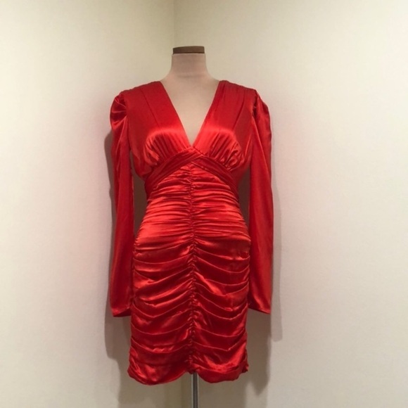 NEW NICHOLAS Gathered Party Dress Size US 12 Scarlett Red Ruched Long Sleeve - Picture 2 of 10